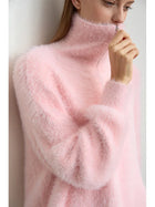Women's Turtleneck Zipper Mink Sweater - Loose Winter Knit Pullover