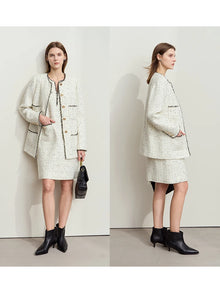 Women's Woolen Winter Coat - Elegant Plaid O-Neck Long Outerwear
