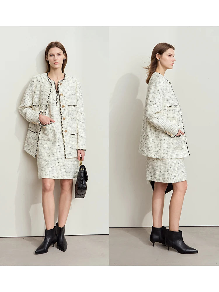 Women's Woolen Winter Coat - Elegant Plaid O-Neck Long Outerwear