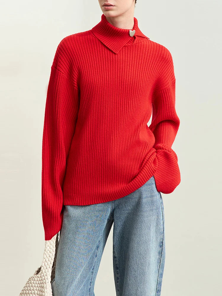 Women's Minimalist Knit Pullover - Loose Long Sleeve Winter Sweater