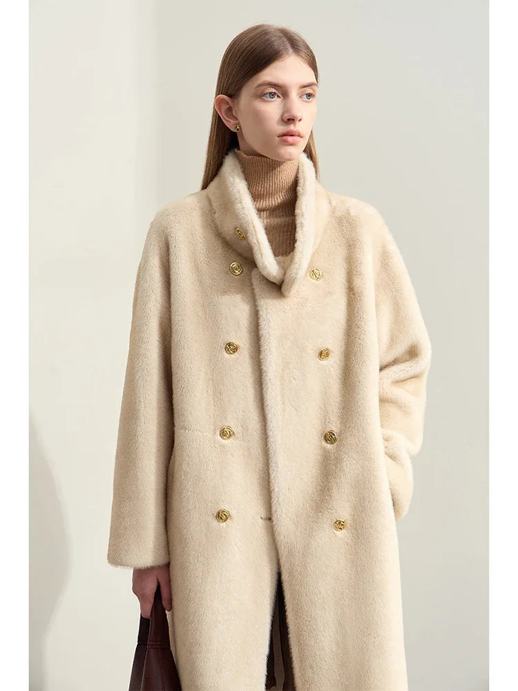 Women's Double Breasted Imitation Mink Fur Coat - Winter Fleece Jacket