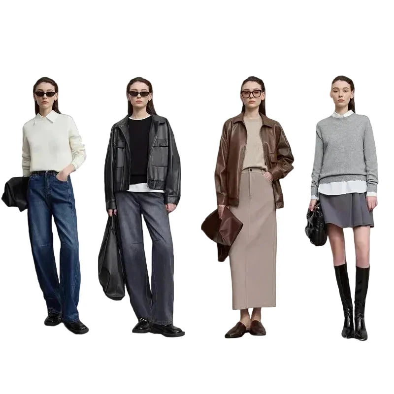Four women modeling different fashion looks in a studio setting with a light gray background. The outfits include blue jeans, dark gray trousers, a beige skirt, a gray mini skirt, and black knee-high boots, paired with leather jackets, sweaters, and layered tops.
