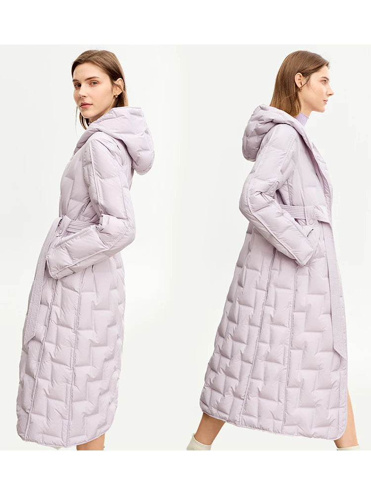 Women's Long Duck Down Jacket - Minimalist Winter Hooded Coat