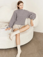 Women's Mock Neck Lantern Sleeve Pullover - Minimalist Knit Sweater