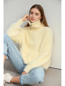 Women's Turtleneck Zipper Mink Sweater - Loose Winter Knit Pullover