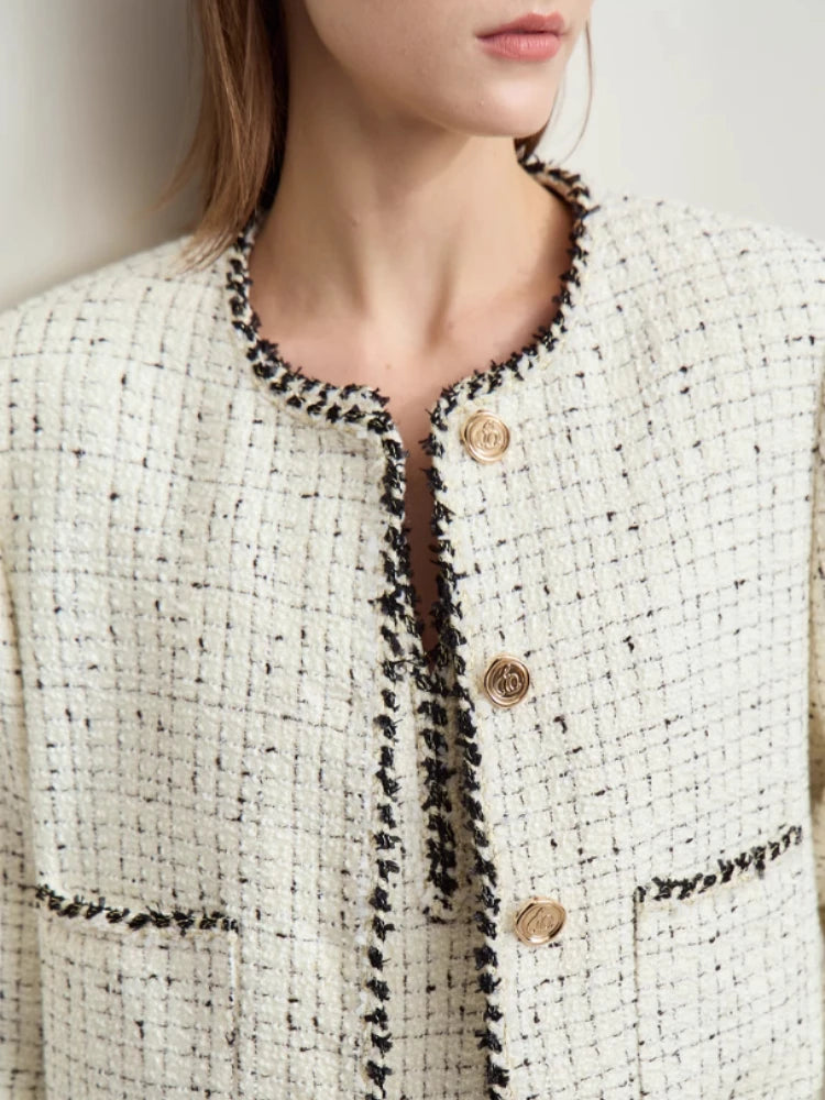 Women's Woolen Winter Coat - Elegant Plaid O-Neck Long Outerwear