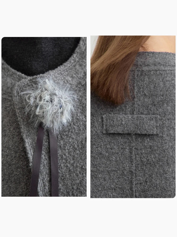 Women's 100% Wool Coat - Minimalist Round Neck Commuter Outerwear