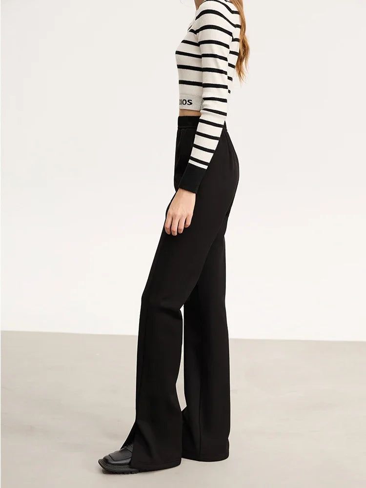 Women's Velvet Knitted Split Hem Pants - Slim Fit Elastic Waist