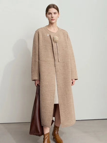 Women's 100% Wool Coat - Minimalist Round Neck Commuter Outerwear