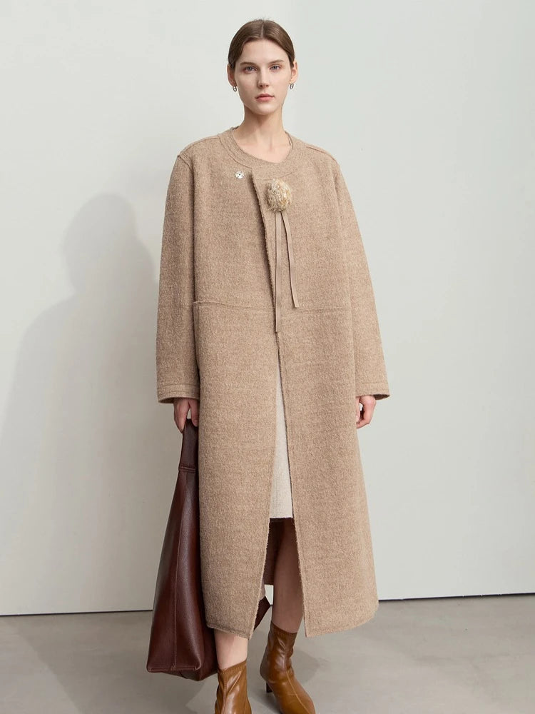 Women's 100% Wool Coat - Minimalist Round Neck Commuter Outerwear
