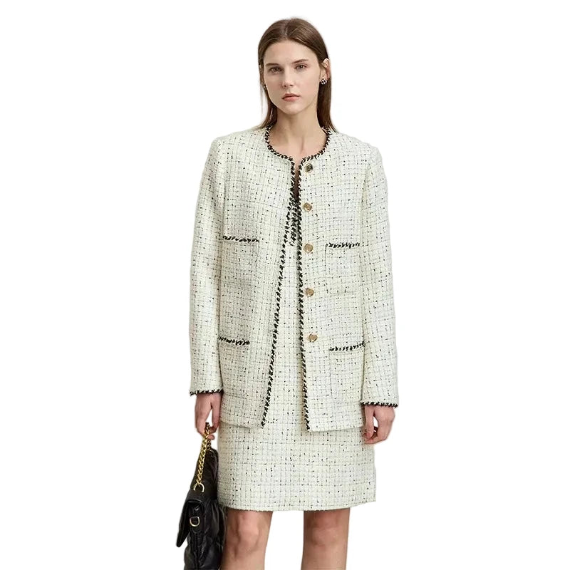 Women's Woolen Winter Coat - Elegant Plaid O-Neck Long Outerwear
