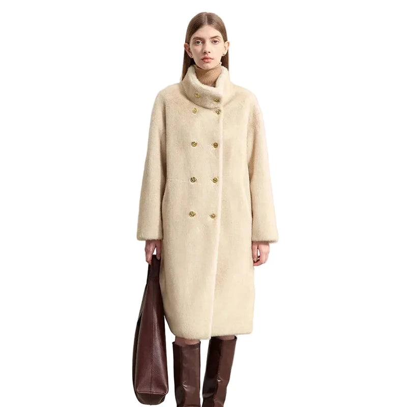 Women's Double Breasted Imitation Mink Fur Coat - Winter Fleece Jacket