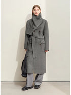 Women's Woolen Coat - Minimalist Asymmetrical Scarf Collar Overcoat