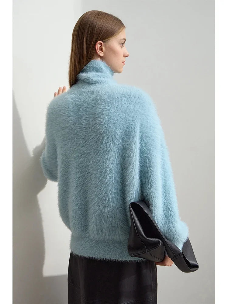 Women's Turtleneck Zipper Mink Sweater - Loose Winter Knit Pullover