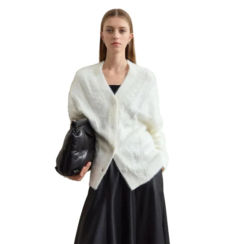 Women's V-Neck Wool Cardigan - Minimalist Winter Knit Sweater