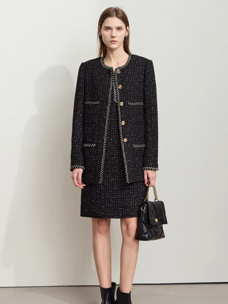 Women's Woolen Winter Coat - Elegant Plaid O-Neck Long Outerwear