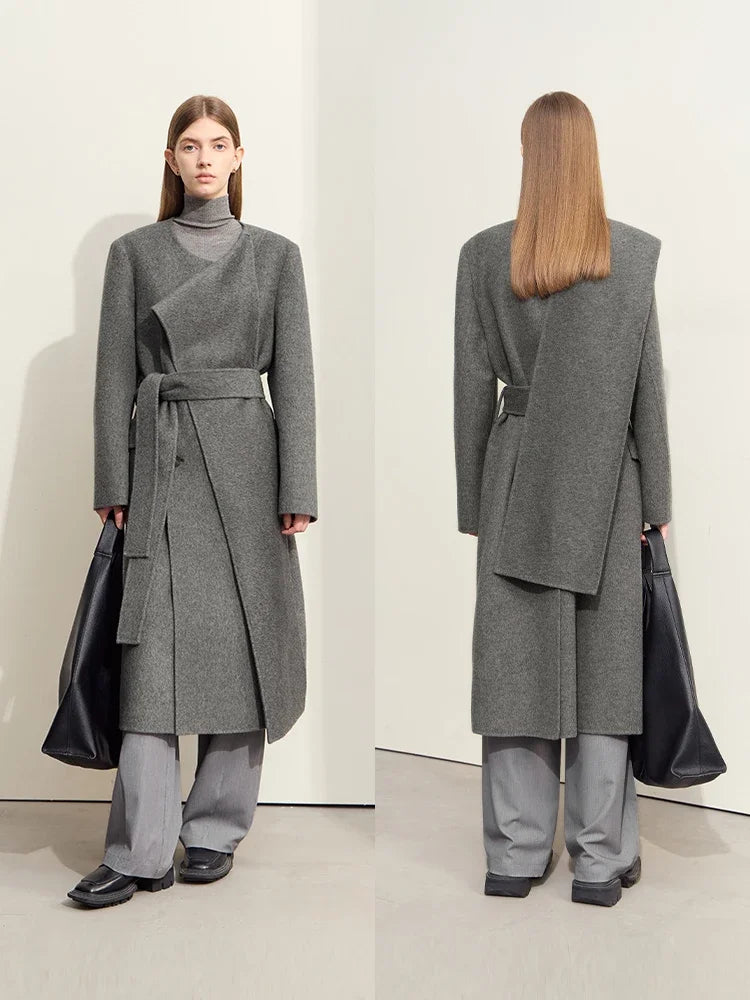 Women's Woolen Coat - Minimalist Asymmetrical Scarf Collar Overcoat