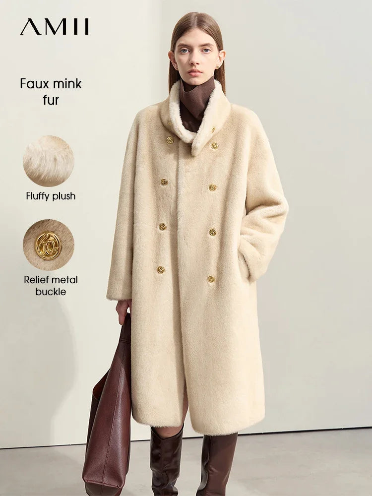 Women's Double Breasted Imitation Mink Fur Coat - Winter Fleece Jacket