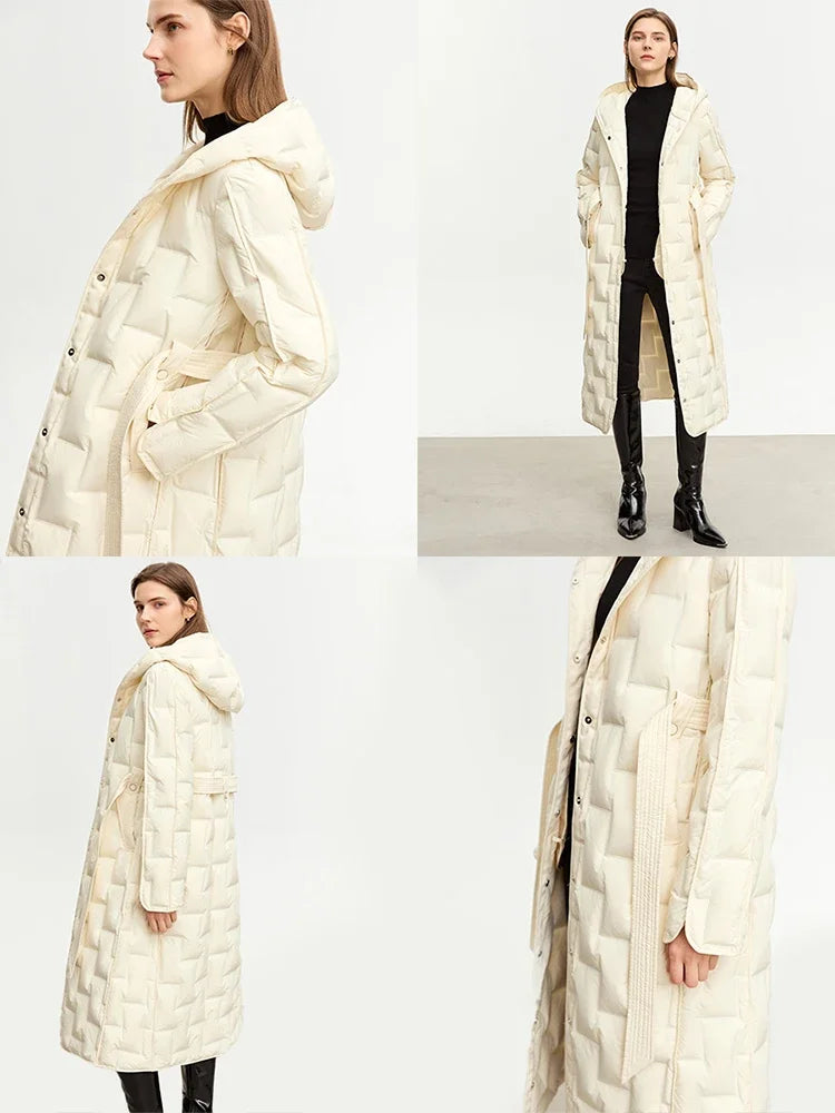 Women's Long Duck Down Jacket - Minimalist Winter Hooded Coat