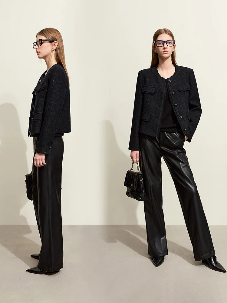 Women's Wool Coat - Elegant O-Neck Long Sleeve Winter Jacket