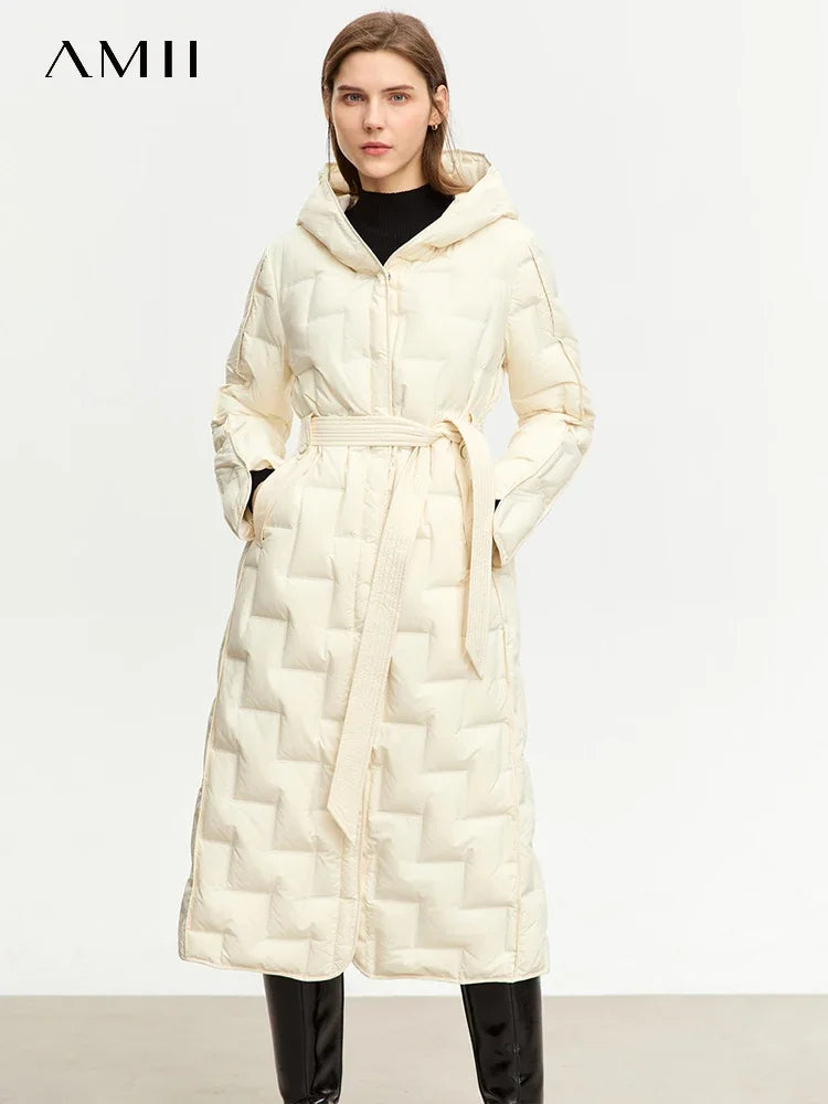 Women's Long Duck Down Jacket - Minimalist Winter Hooded Coat