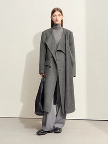 Women's Woolen Coat - Minimalist Asymmetrical Scarf Collar Overcoat