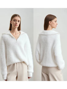 Women's Turtleneck Zipper Mink Sweater - Loose Winter Knit Pullover
