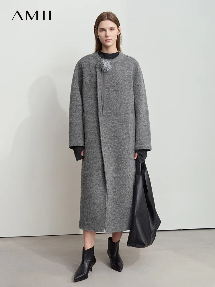 Women's 100% Wool Coat - Minimalist Round Neck Commuter Outerwear