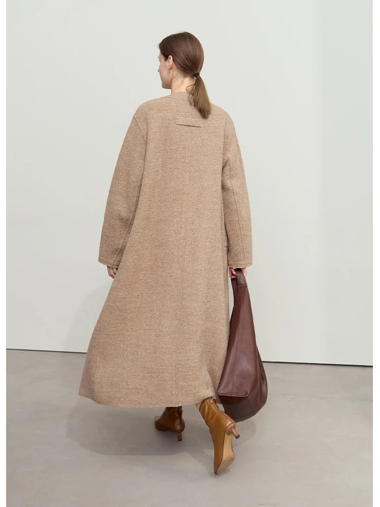 Women's 100% Wool Coat - Minimalist Round Neck Commuter Outerwear