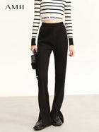 Women's Velvet Knitted Split Hem Pants - Slim Fit Elastic Waist