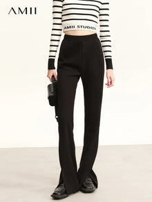 Women's Velvet Knitted Split Hem Pants - Slim Fit Elastic Waist