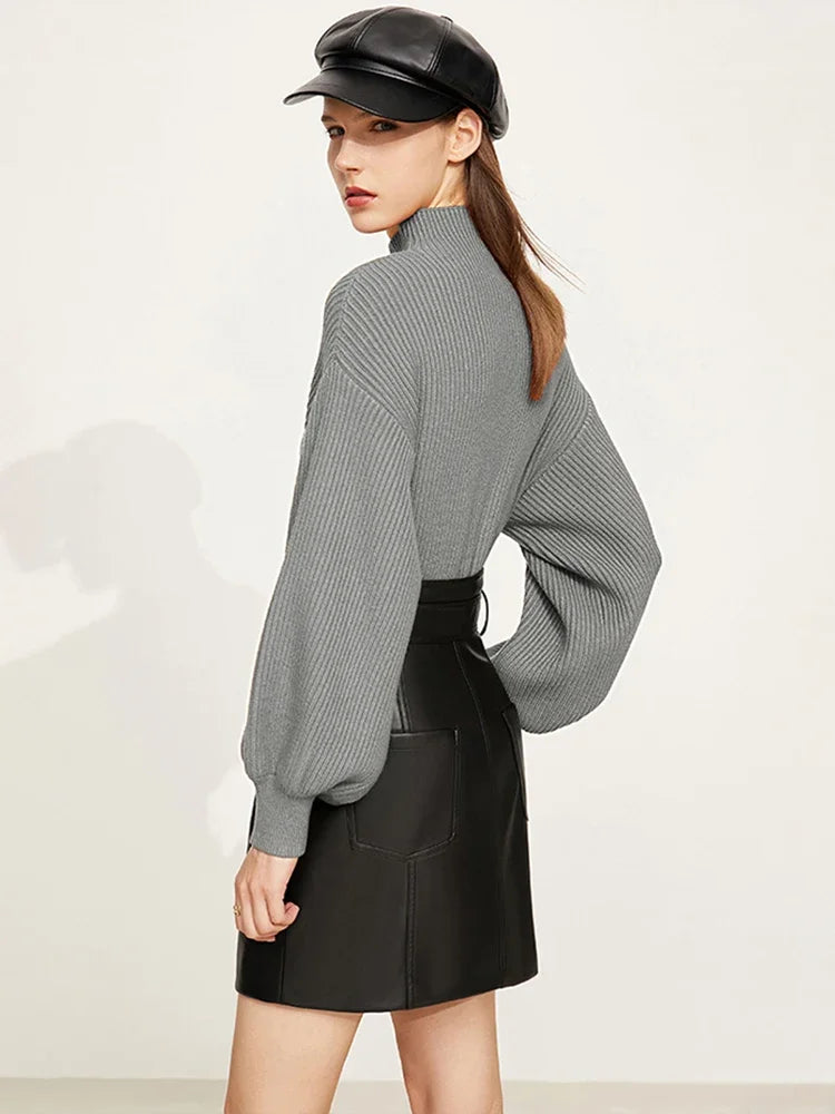 Women's Mock Neck Lantern Sleeve Pullover - Minimalist Knit Sweater