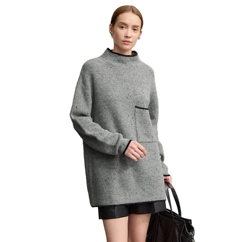 Women's Semi-Turtleneck Wool Sweater - Minimalist Winter Pullover