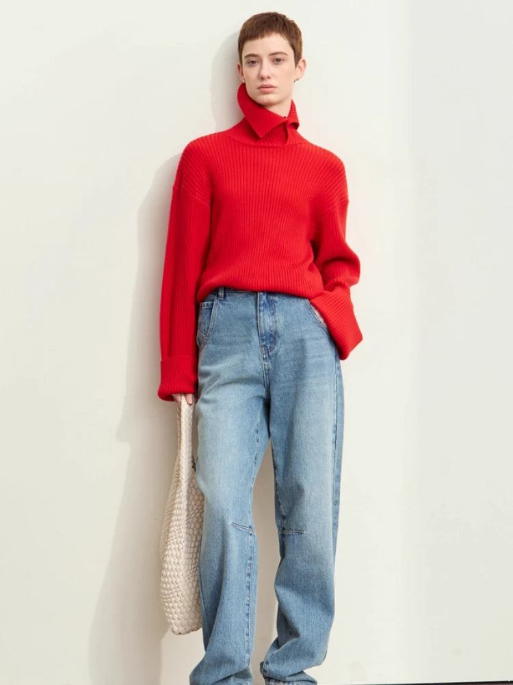 Women's Minimalist Knit Pullover - Loose Long Sleeve Winter Sweater