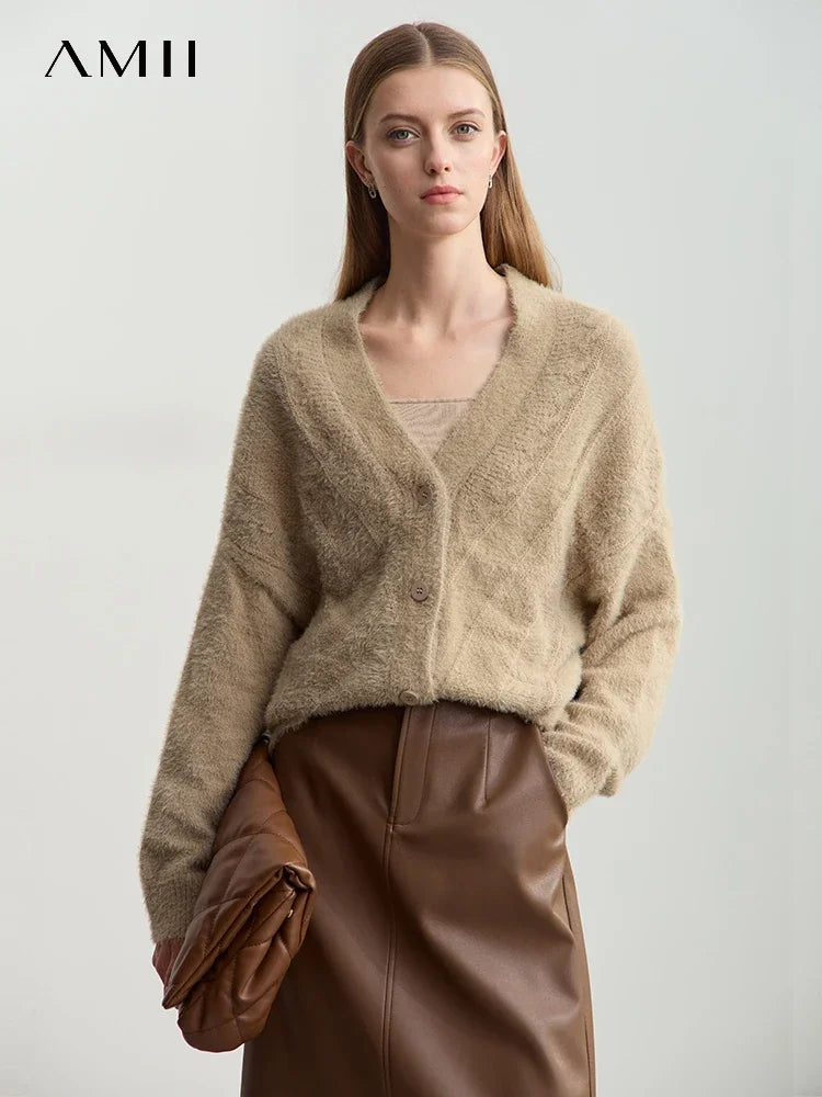 Women's V-Neck Wool Cardigan - Minimalist Winter Knit Sweater