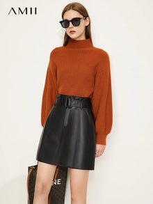 Women's Mock Neck Lantern Sleeve Pullover - Minimalist Knit Sweater