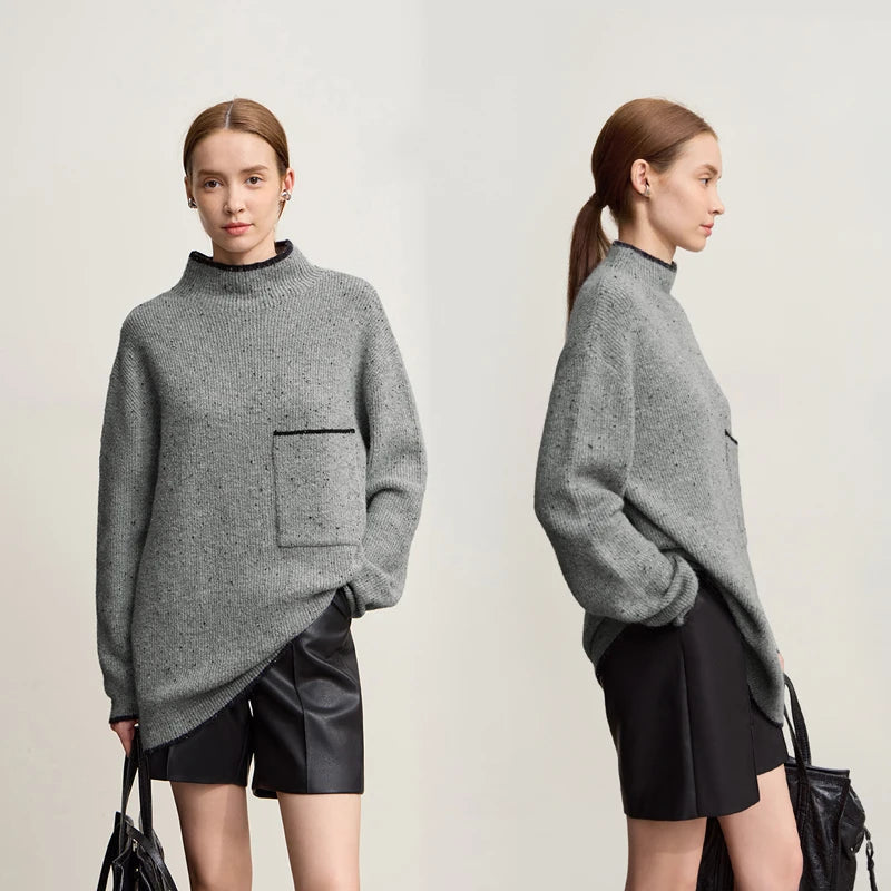 Women's Semi-Turtleneck Wool Sweater - Minimalist Winter Pullover