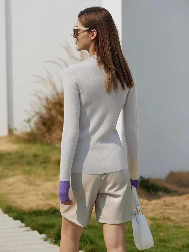 Women's Semi-Turtleneck Patchwork Knit Sweater - Slim Commuter Top